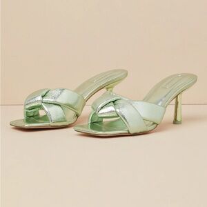 D’Amelio Leenoa Pistachio Green Metallic Knotted High Heel Slide Sandals